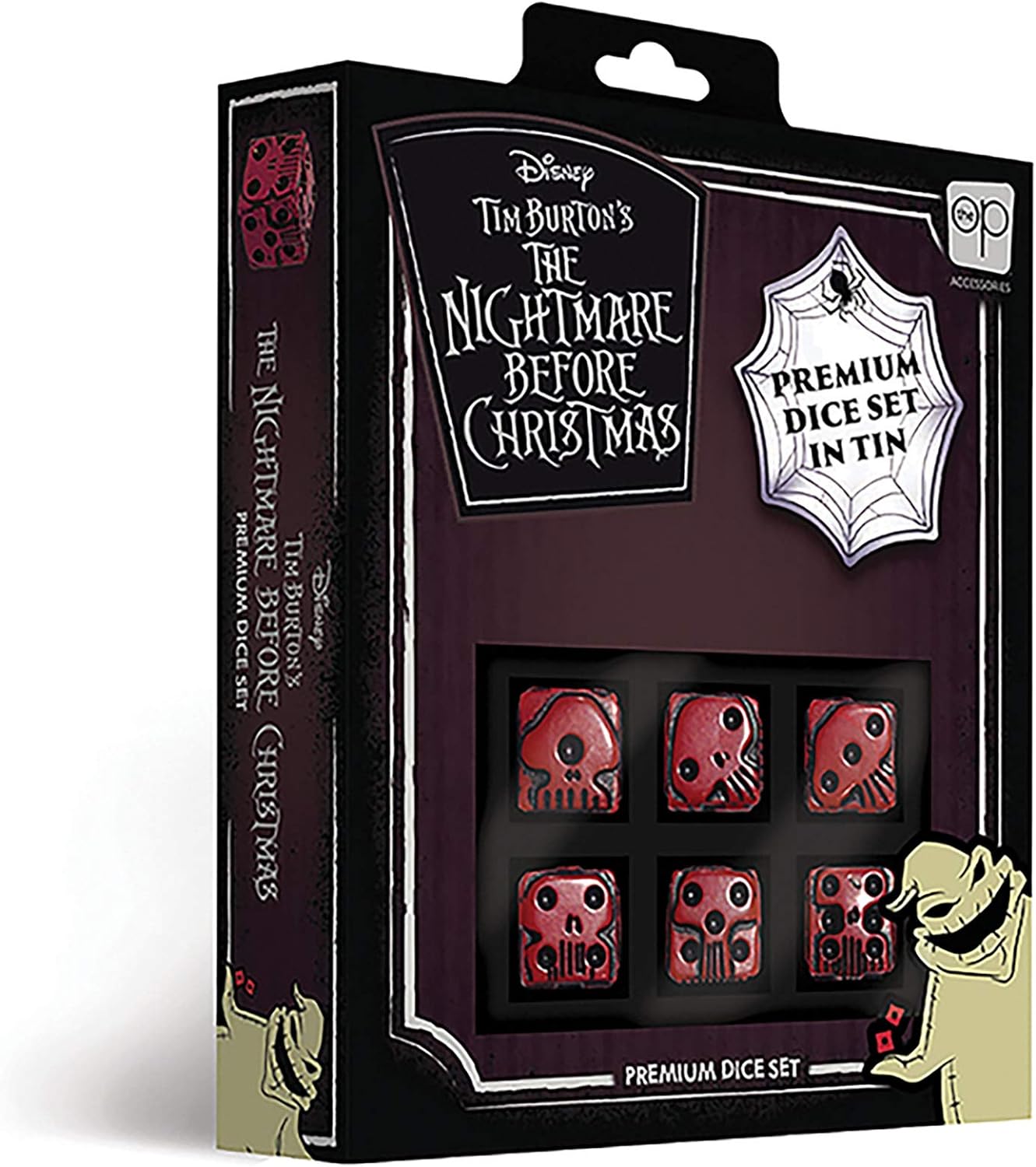 USAOPOLY Nightmare Before Christmas Premium Dice Set | Collectible d6 Dice | Red  Black Custom Dice with Collectible Tin Case | Officially Licensed Disney 6-Sided Dice (AC004-291-002000-12)